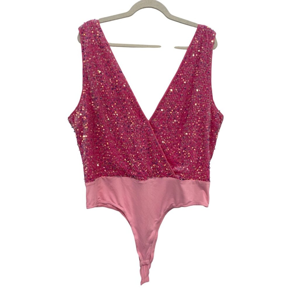 Southern Fried Chics Bodysuit Size 3XL Sequin V Neck Faux Wrap Pink Cocktail NEW